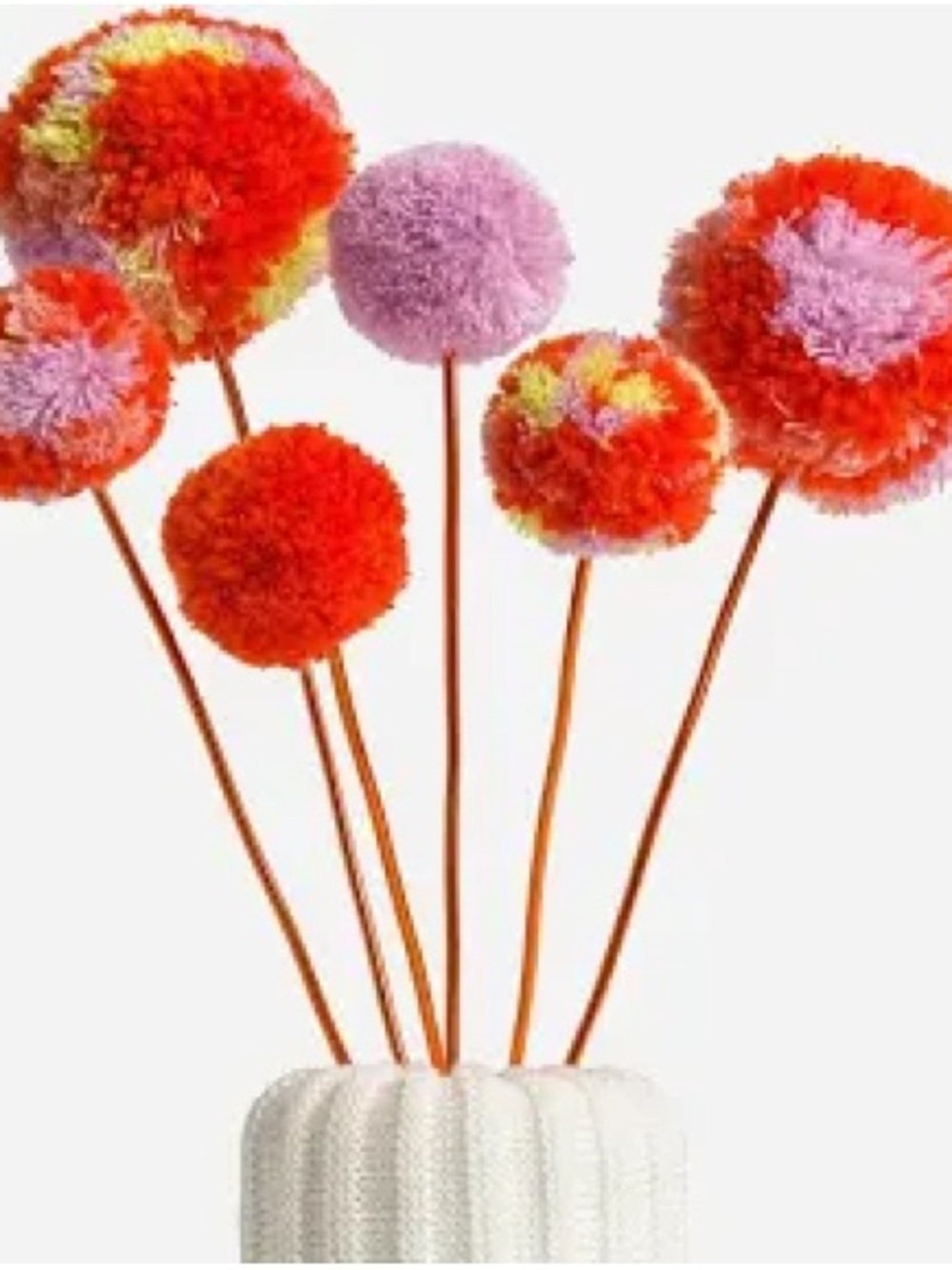 Verloop.Set of 7. Fluffy Pom Flowers on 12” Flexible Metal. Spot Clean.
